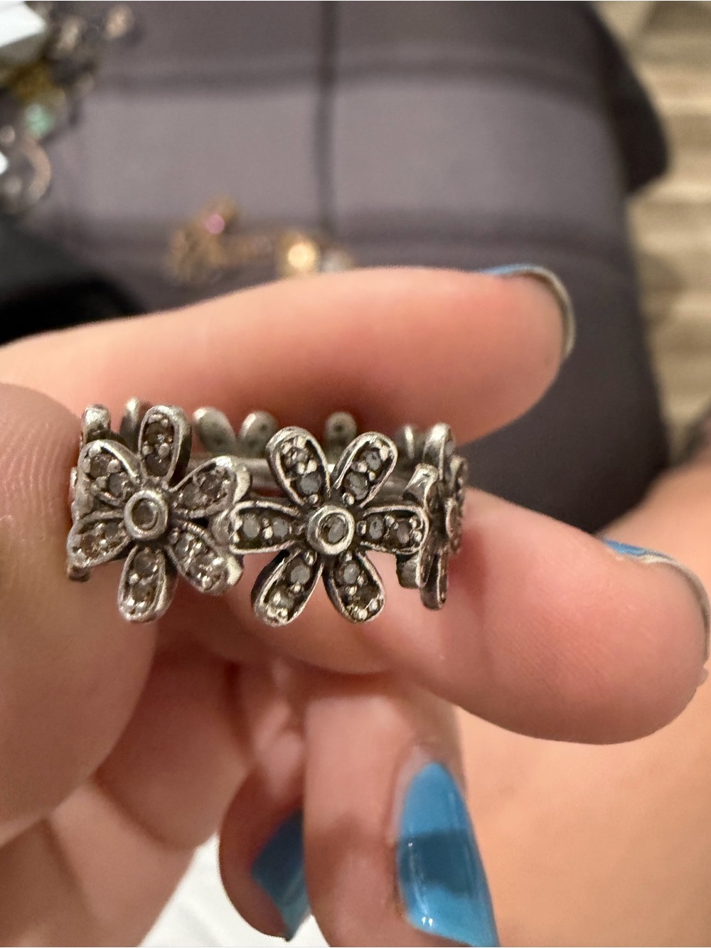 Silver Floral Daisy Band Ring black diamonds - Women Jewelry
